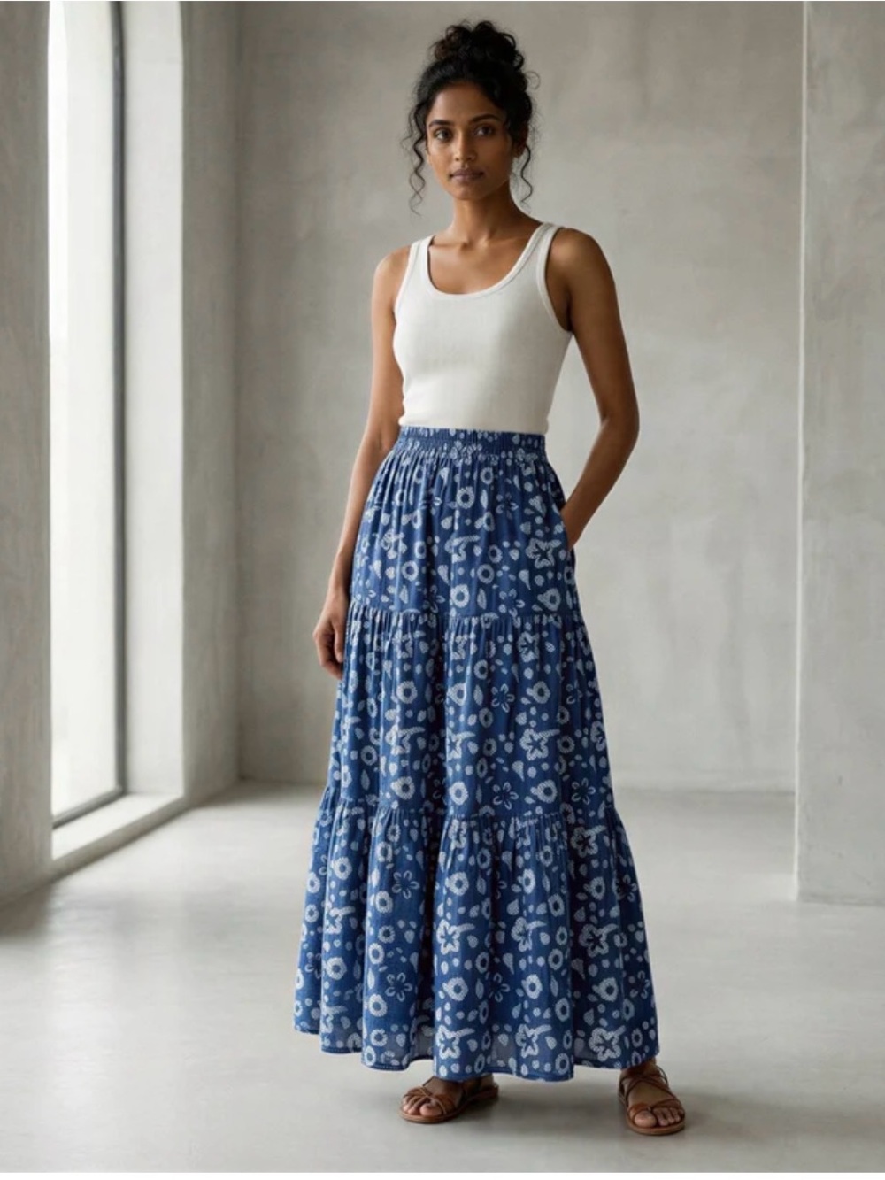 Bohemian Navy & White Paisley Tiered Maxi Skirt